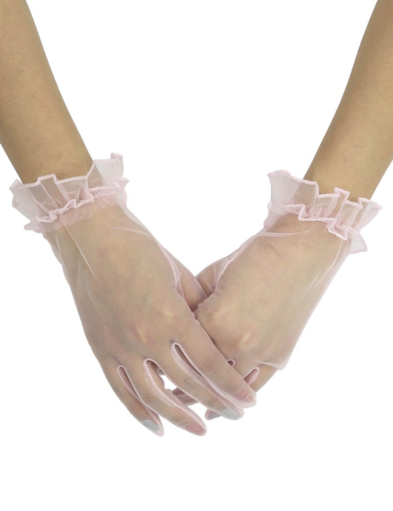 QRBTSCL Women's Short Mesh Gloves Ruffled Tulle Wedding Party Gloves Short Prom Evening Glove Pink - Image 1